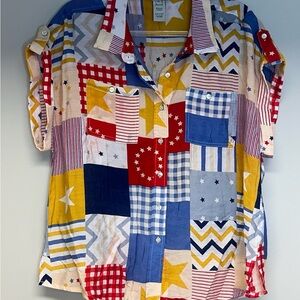 4th of July stars Patchwork Women’s Shirt size petite large PL button down